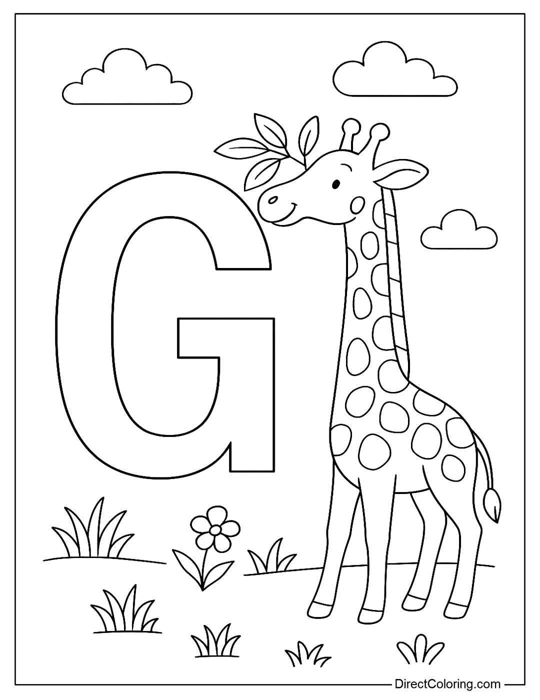 A letter G coloring page as tall as a giraffe stretching its neck to eat leaves.